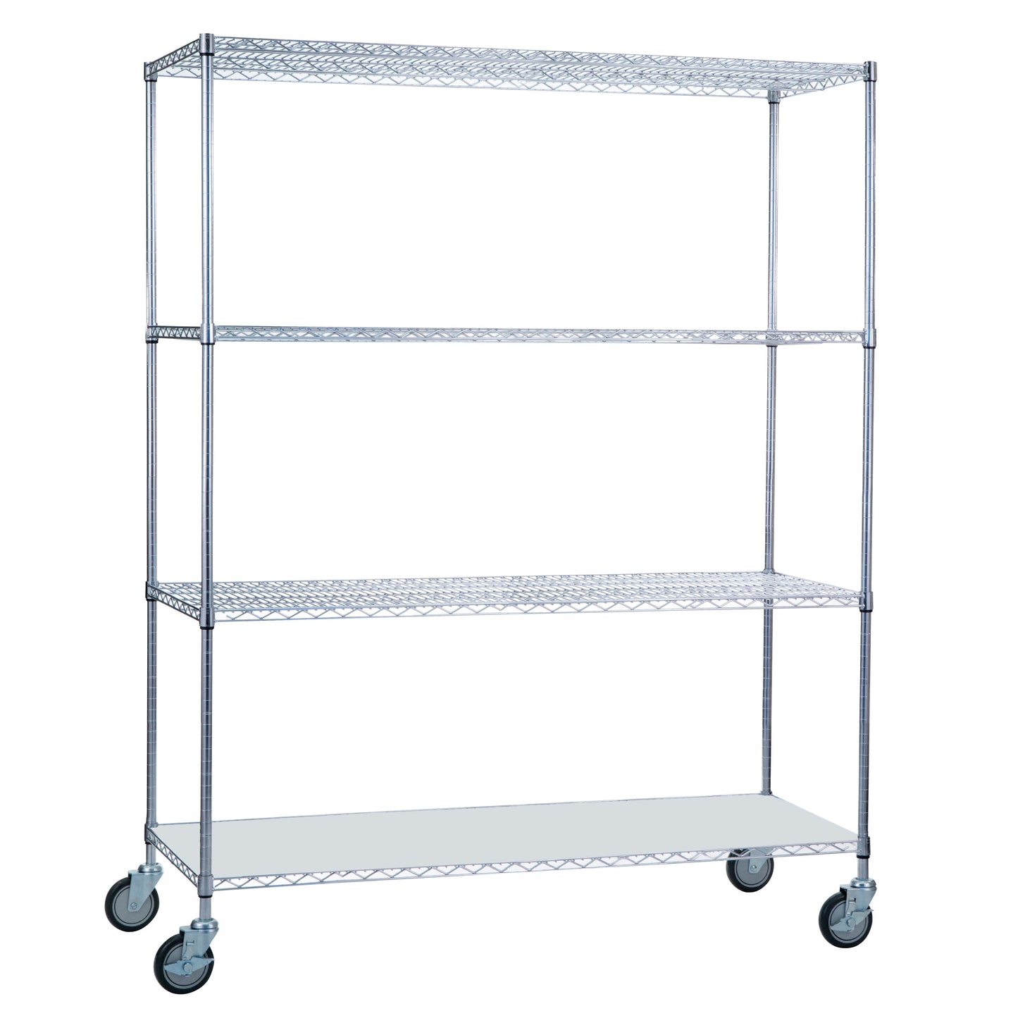 Wire Linen Cart, 4 Shelves, Chrome, Solid Bottom, 60"W x 72"H x 24"D