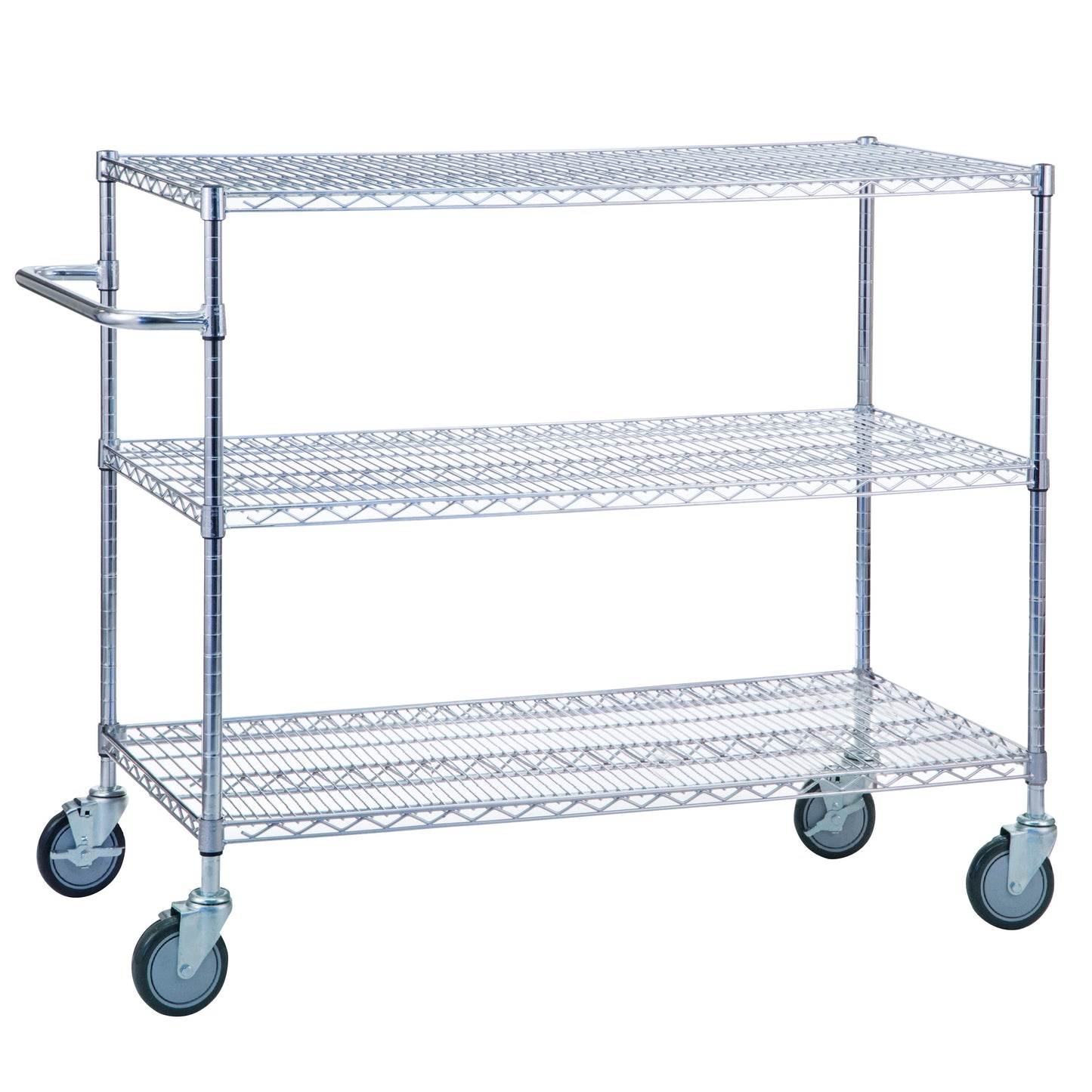 Utility Cart, Chrome, 3 Shelves, Wire Bottom, 48"W x 42"H x 18"D
