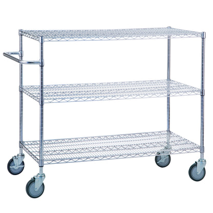 Utility Cart, Chrome, 3 Shelves, Wire Bottom, 48"W x 42"H x 18"D