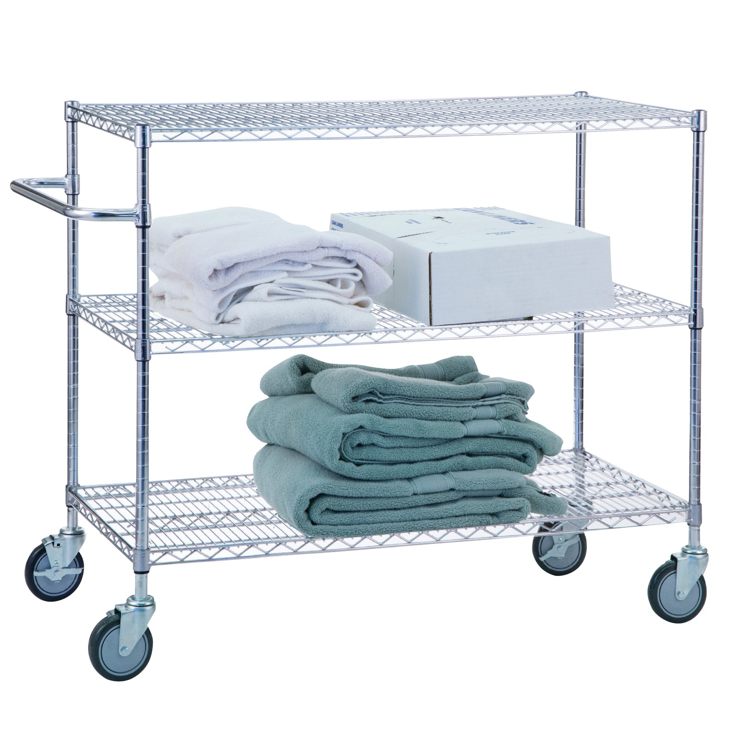 Utility Cart, Chrome, 3 Shelves, Wire Bottom, 48"W x 42"H x 18"D