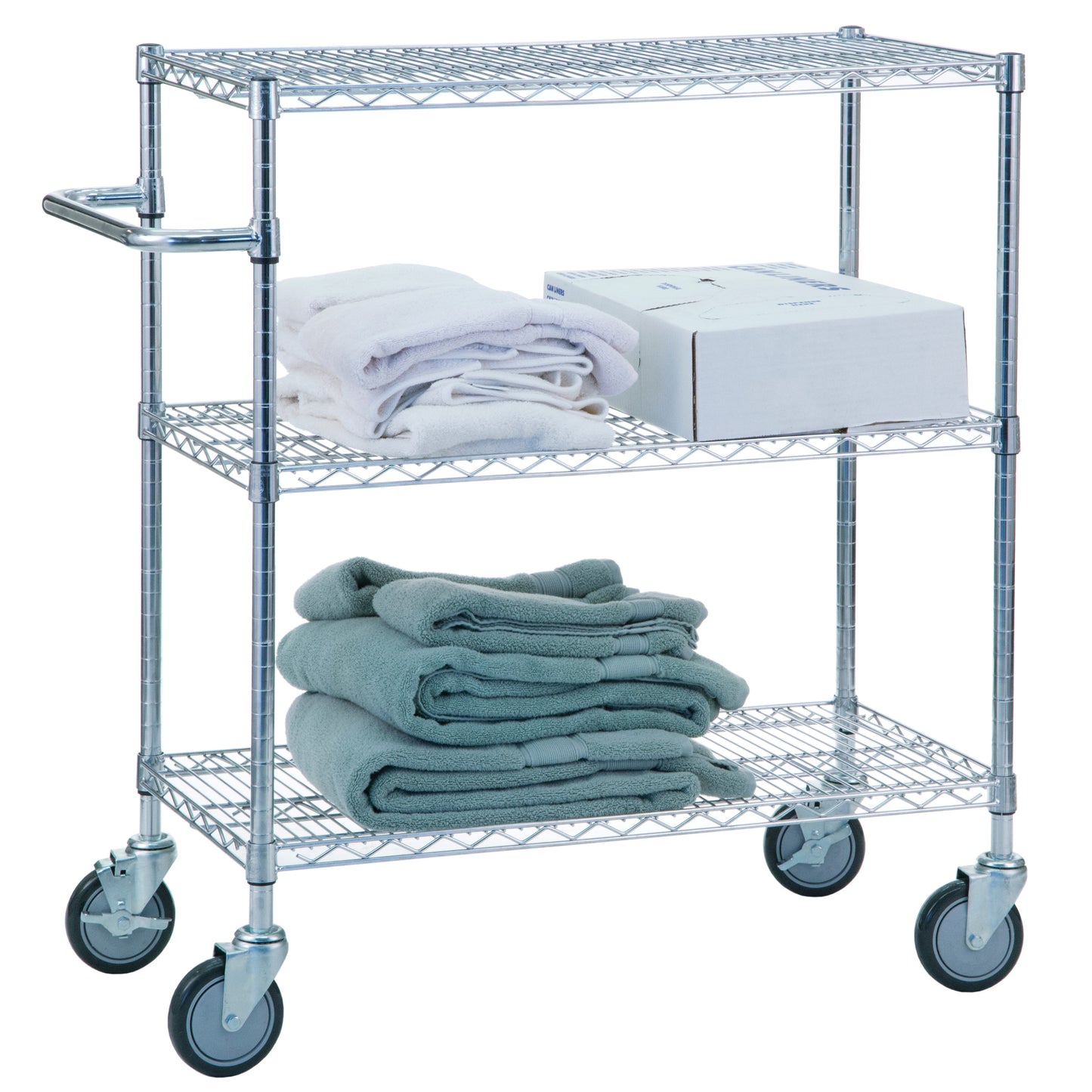 Utility Cart, Chrome, 3 Shelves, Wire Bottom, 36"W x 42"H x 24"D