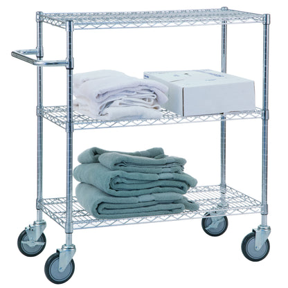 Utility Cart, Chrome, 3 Shelves, Wire Bottom, 36"W x 42"H x 24"D