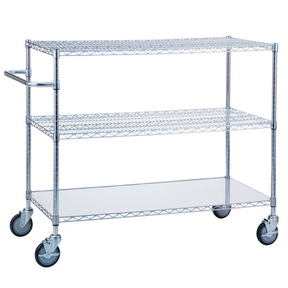 Utility Cart, Chrome, 3 Shelves, Solid Bottom, 48"W x 42"H x 24"D