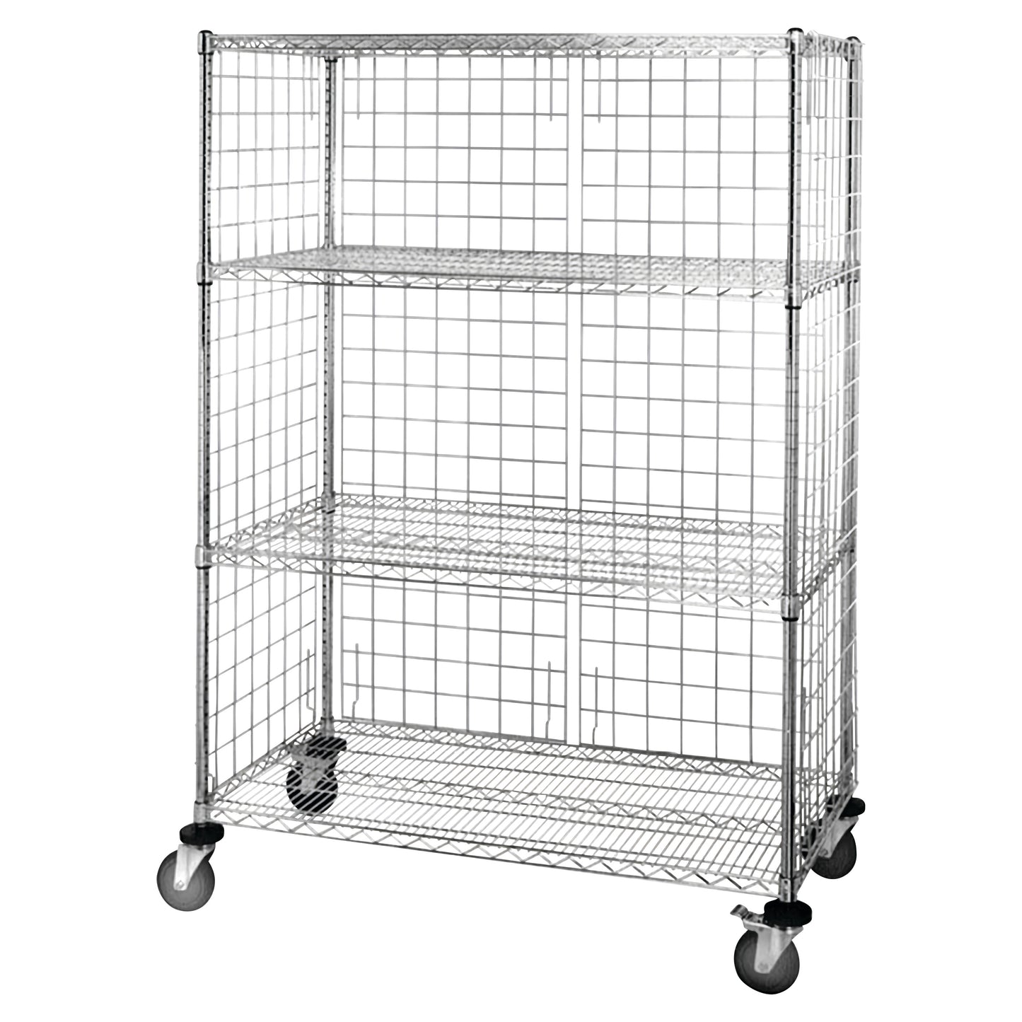 Wire Enclosure Exchange and Linen Cart, Chrome, 4 Shelves, 48"W x 69"H x 24"D