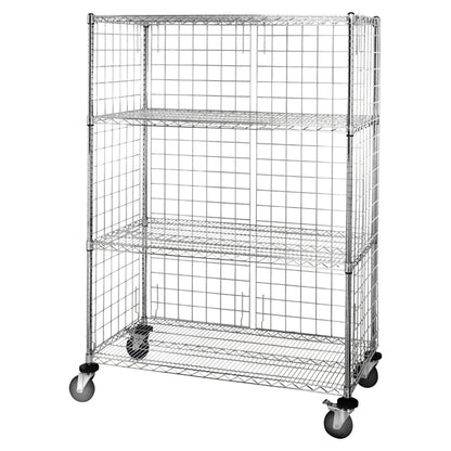 Wire Enclosure Exchange and Linen Cart, Chrome, 4 Shelves, 48"W x 69"H x 24"D