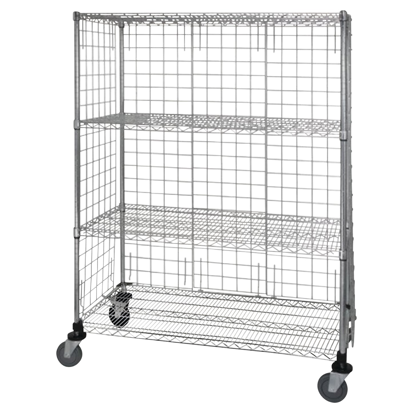 Wire Enclosure Exchange and Linen Cart, Chrome, 4 Shelves, 36"W x 69"H x 24"D