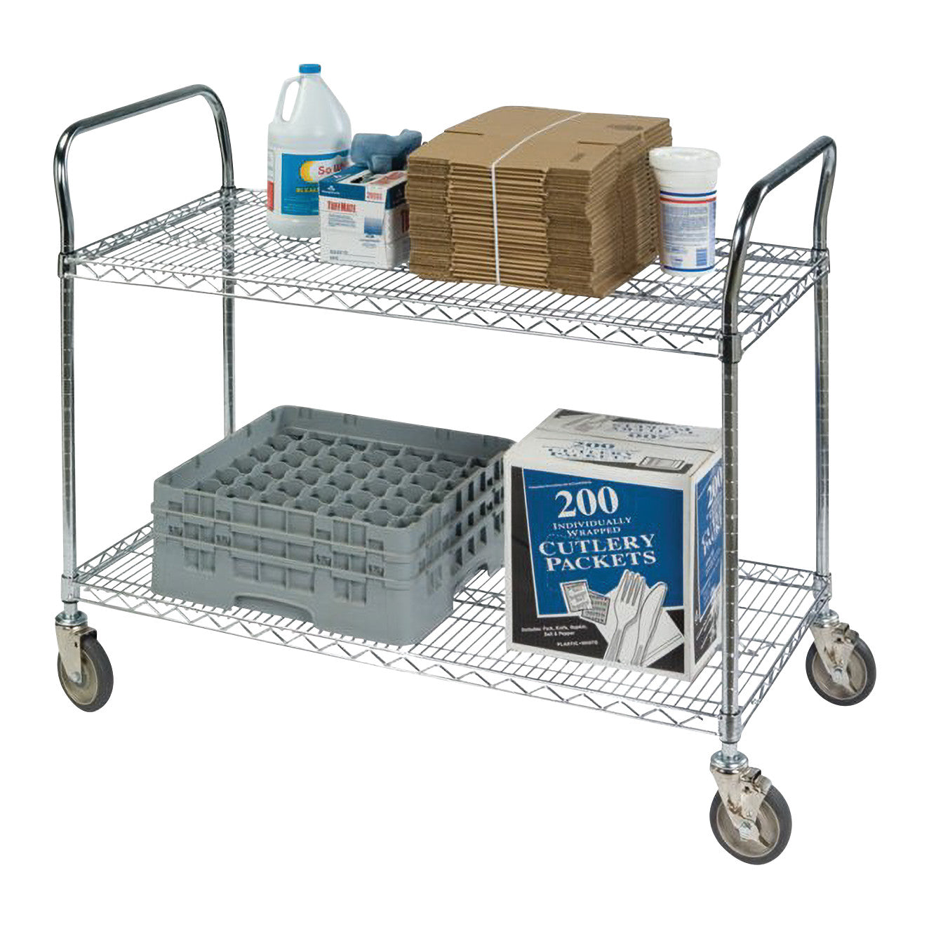 Wire Shelf Utility Cart, Heavy Duty, Chrome, 2 Shelves, 60"W x 39"H x 18"D, 1200-lb. Capacity