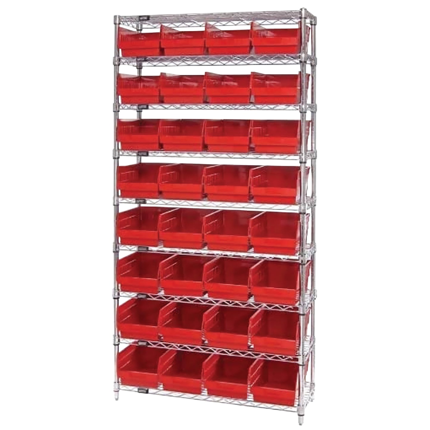 Chrome Wire 9-Shelf Bin System, 32-Bin System, 12"D, Red Bins