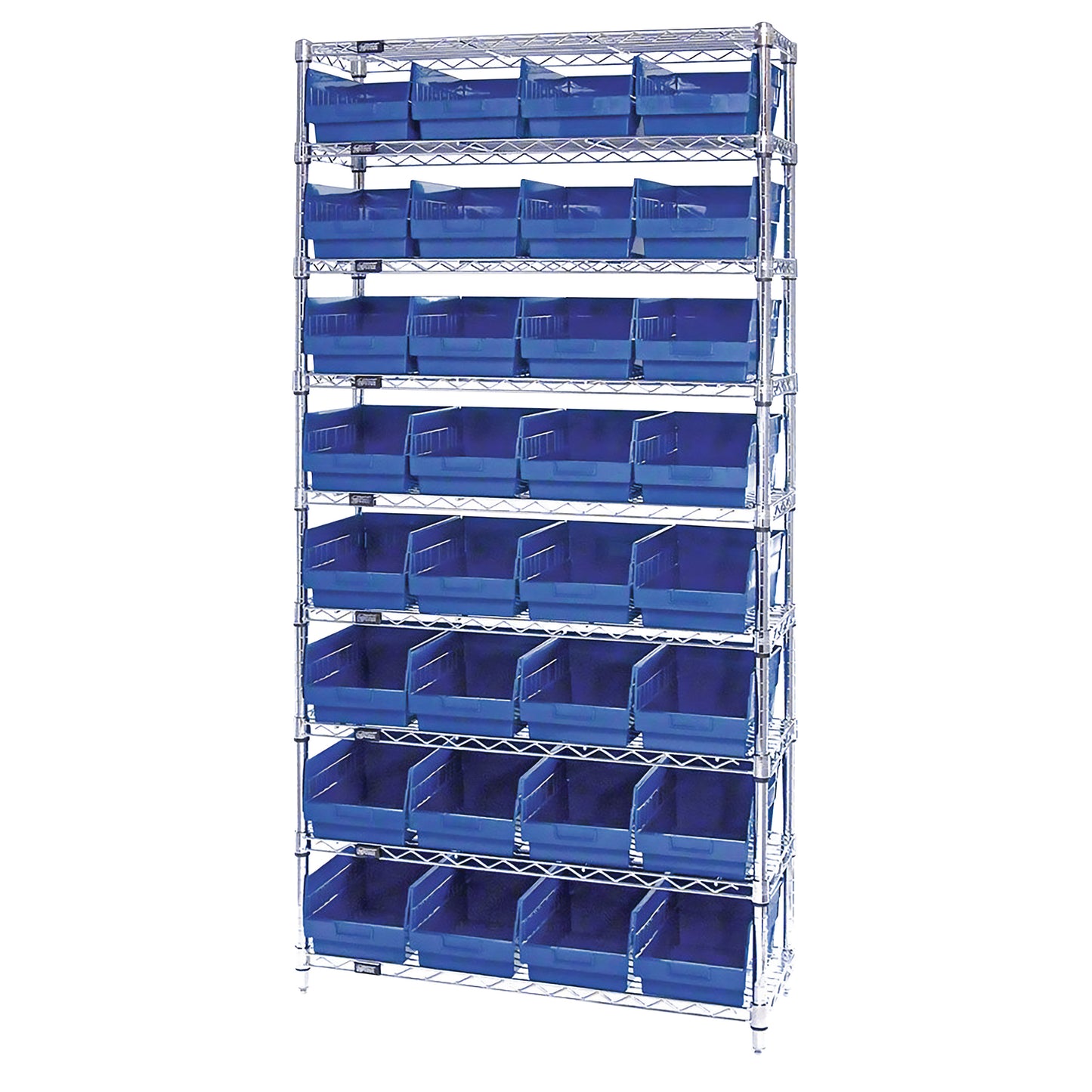 Chrome Wire 9-Shelf Bin System, 32-Bin System, 12"D, Blue Bins