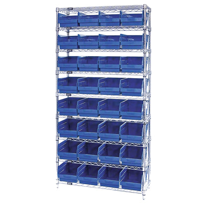 Chrome Wire 9-Shelf Bin System, 32-Bin System, 12"D, Blue Bins
