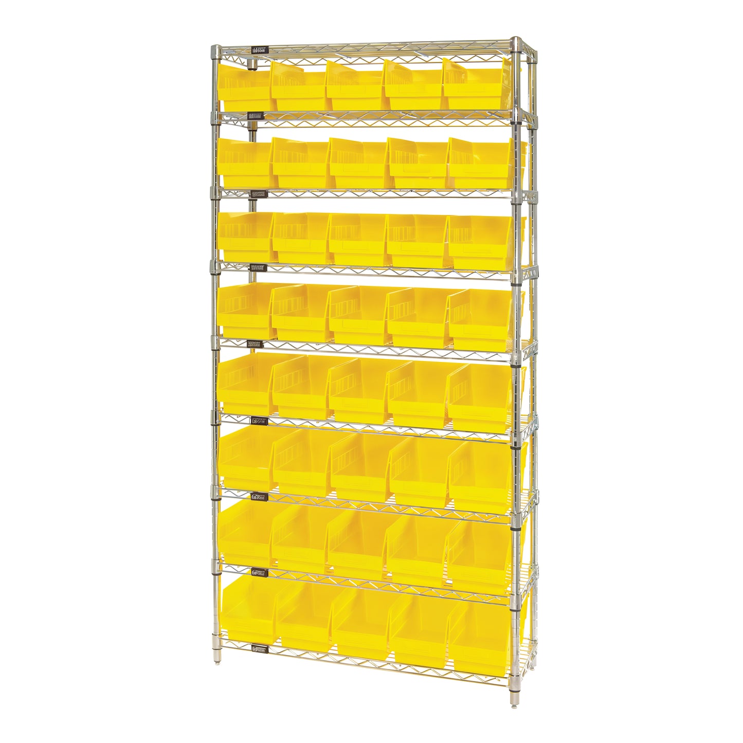 Chrome Wire 9-Shelf Bin System, 40-Bin System, 18"D, Yellow Bins