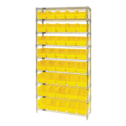 Chrome Wire 9-Shelf Bin System, 40-Bin System, 18"D, Yellow Bins