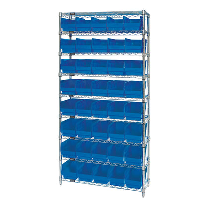 Chrome Wire 9-Shelf Bin System, 40-Bin System, 18"D, Blue Bins