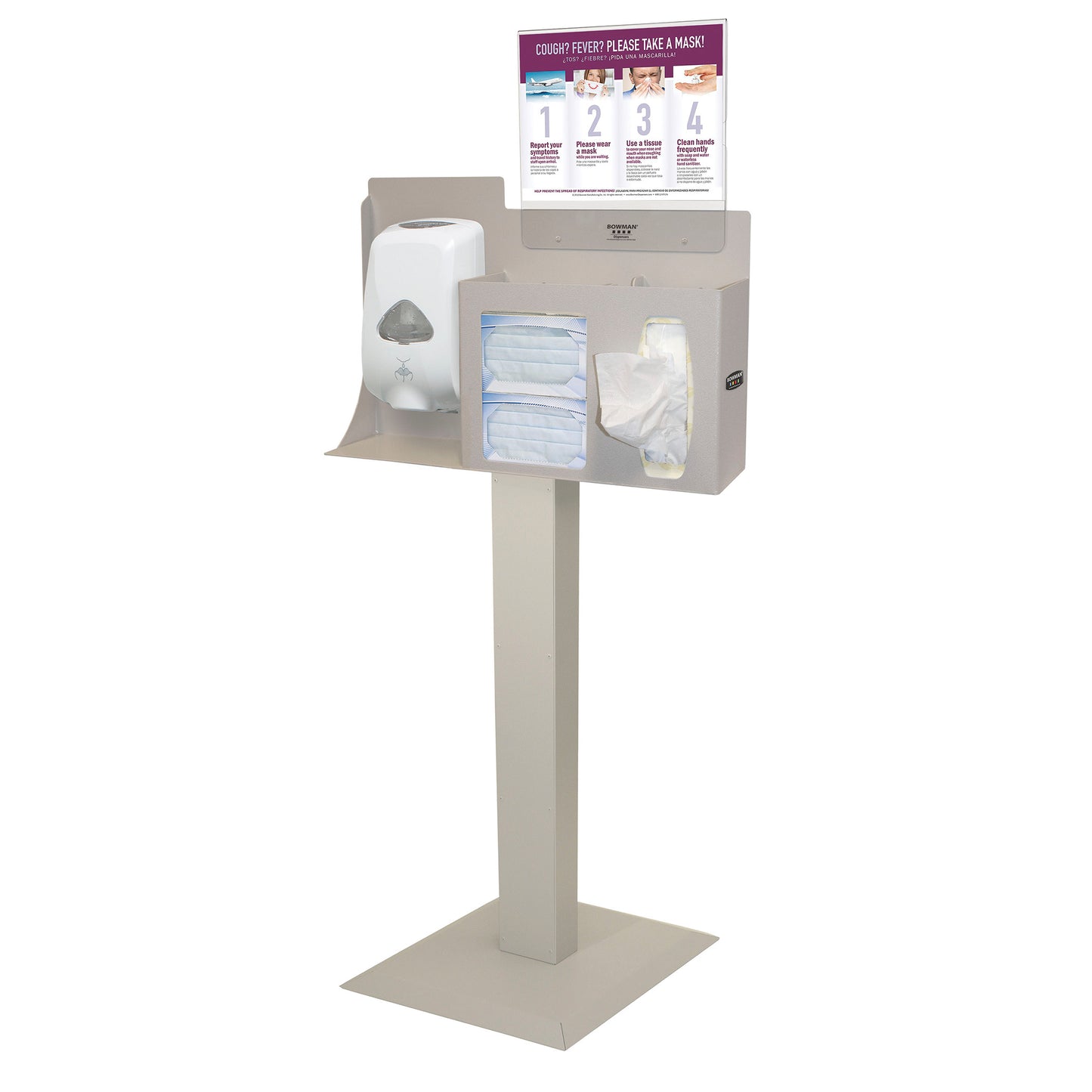 Touchless Hygiene System, Stand, Hand Sanitizer Dispenser Mount, Locking Lid, Horizontal Sign, Beige Steel