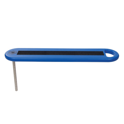 AliMed Radiolucent Armboard with blue frame, black strip in the center, and a stainless steel support rod on one side.