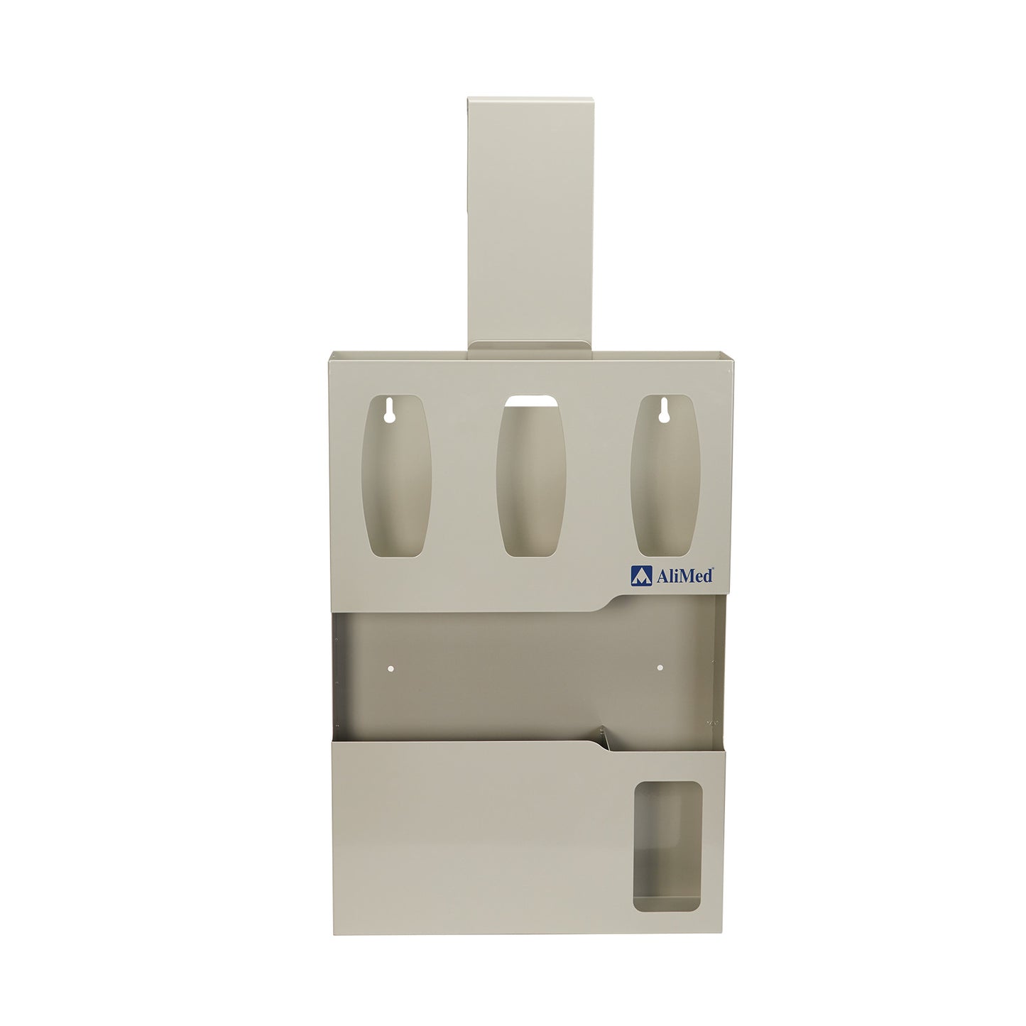 AliMed Isolation Station with compartments for gloves and sanitizer, featuring a beige metal design and wall-mounting capability.