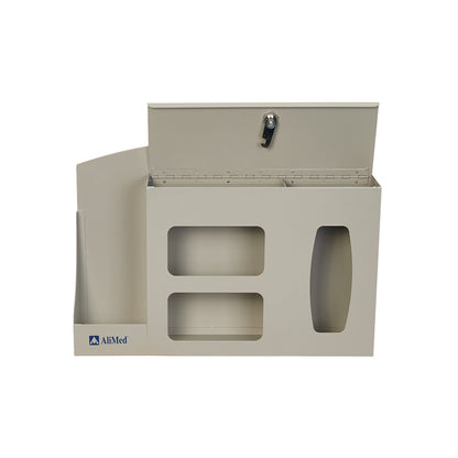 An AliMed Infection Prevention Station, featuring compartments and a lockable top section in a beige color.