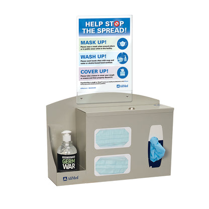 AliMed Infection Prevention Station with hand sanitizer, masks, tissues, and a sign about stopping the spread.