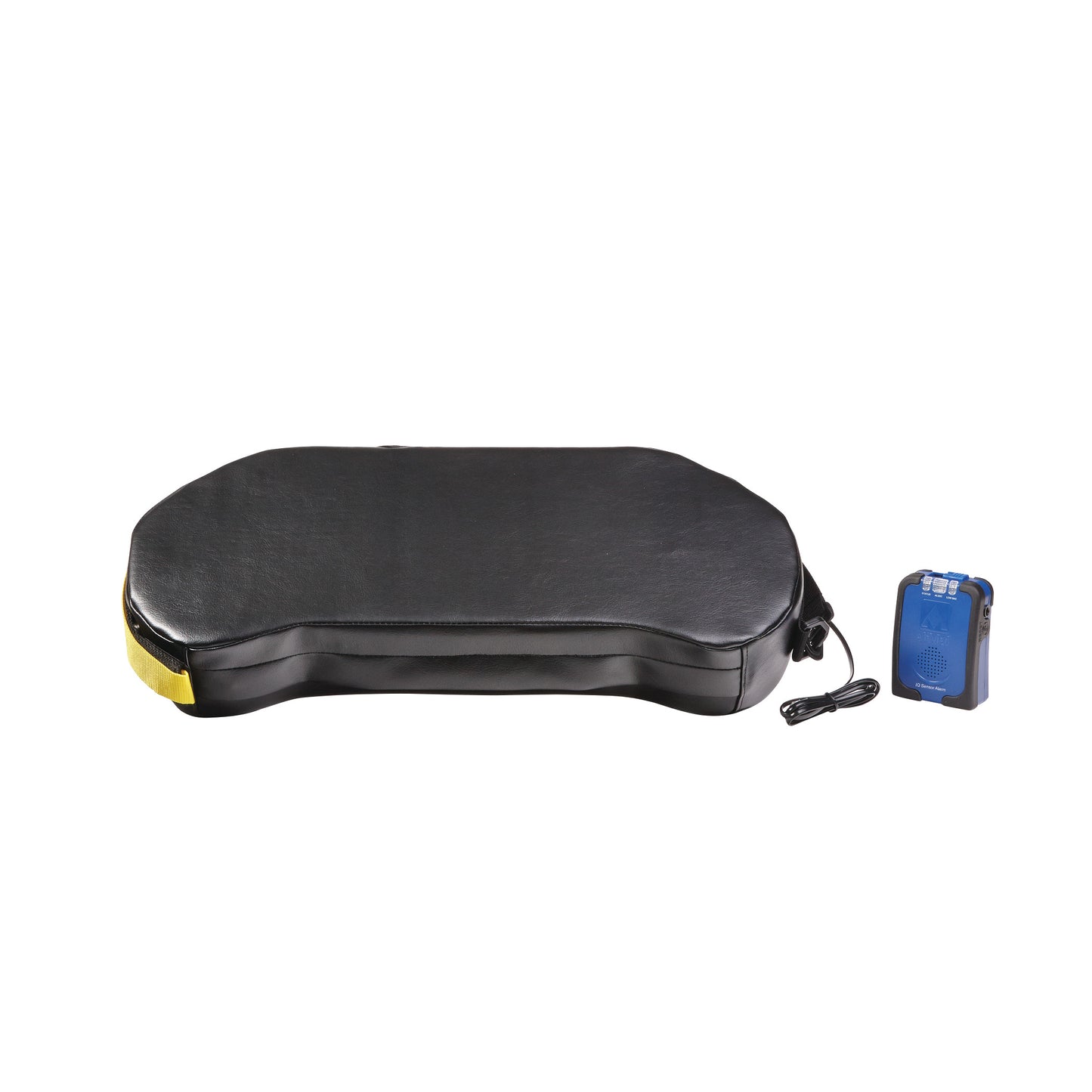 AliMed BreakAway Lap Cushion with IQ Sensor Alarm is a black cushion with a connected blue sensor alarm device.