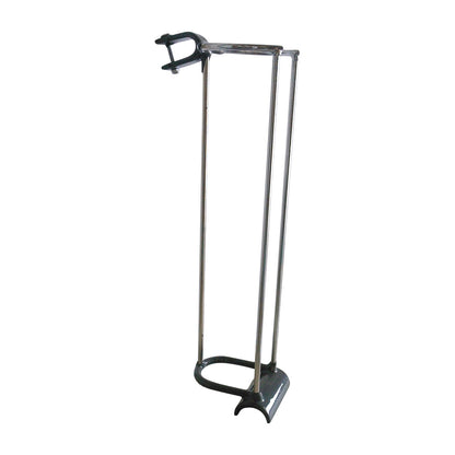 Portable Oxygen Carrier for EVA Cardiac Walker with a clamp on top, metallic rods, and a curved base for stability.