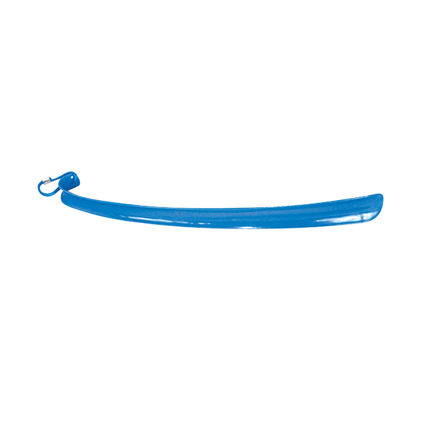A blue Hook-End Plastic Shoehorn with a curved design and an attached carabiner clip on one end.