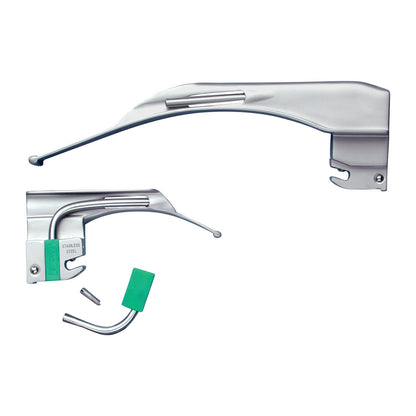 Satin Macintosh Fiber Optic Laryngoscope Blade set with two blades, a handle, and a green component for medical use.