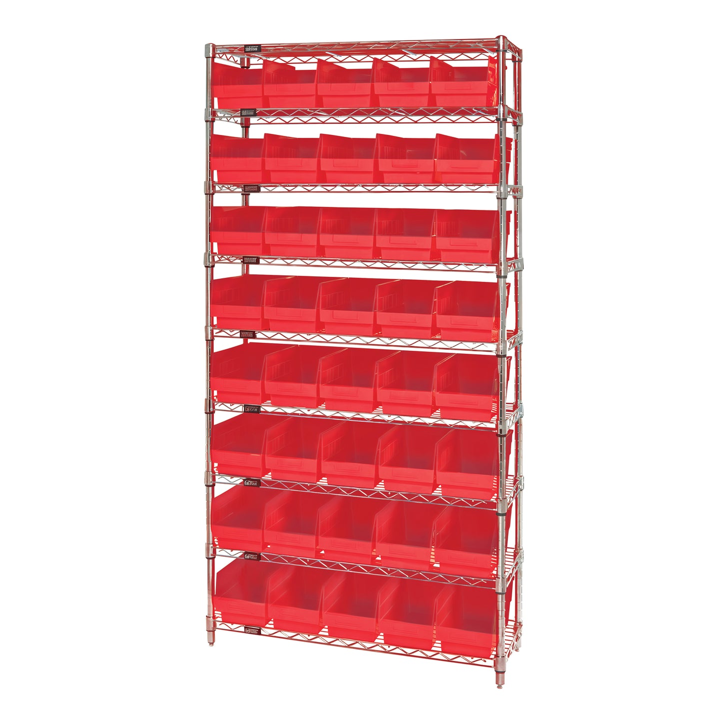 Chrome Wire 9-Shelf Bin System, 40-Bin System, 18"D, Red Bins