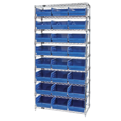 Chrome Wire 9-Shelf Bin System, 24-Bin System, 18"D, Blue Bins