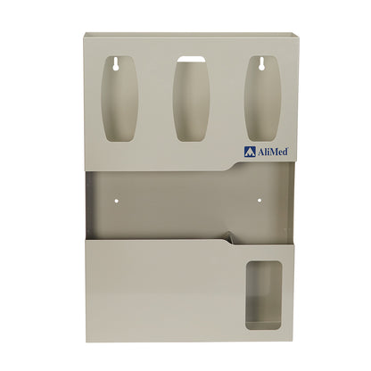 AliMed Isolation Station with beige compartments for storing medical supplies, featuring three vertical slots and a pocket below.