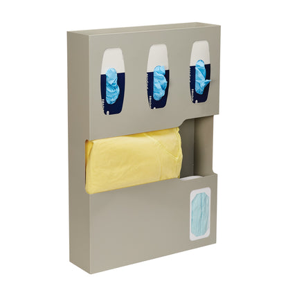 AliMed Isolation Station holds blue glove boxes, a folded yellow gown, and a face mask compartment in a beige wall-mounted unit.