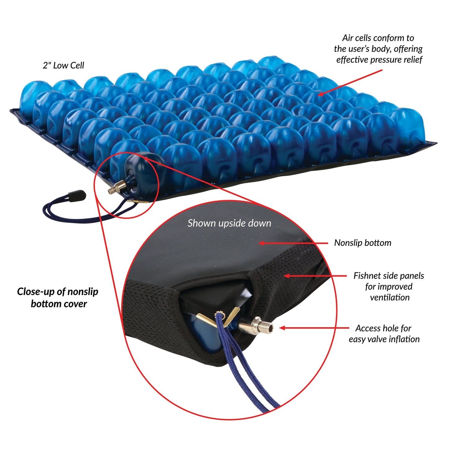 AeroCell II Single-Valve Low Cell Pressure-Relieving Wheelchair Cushion, 20"W x 2"H x 18"D