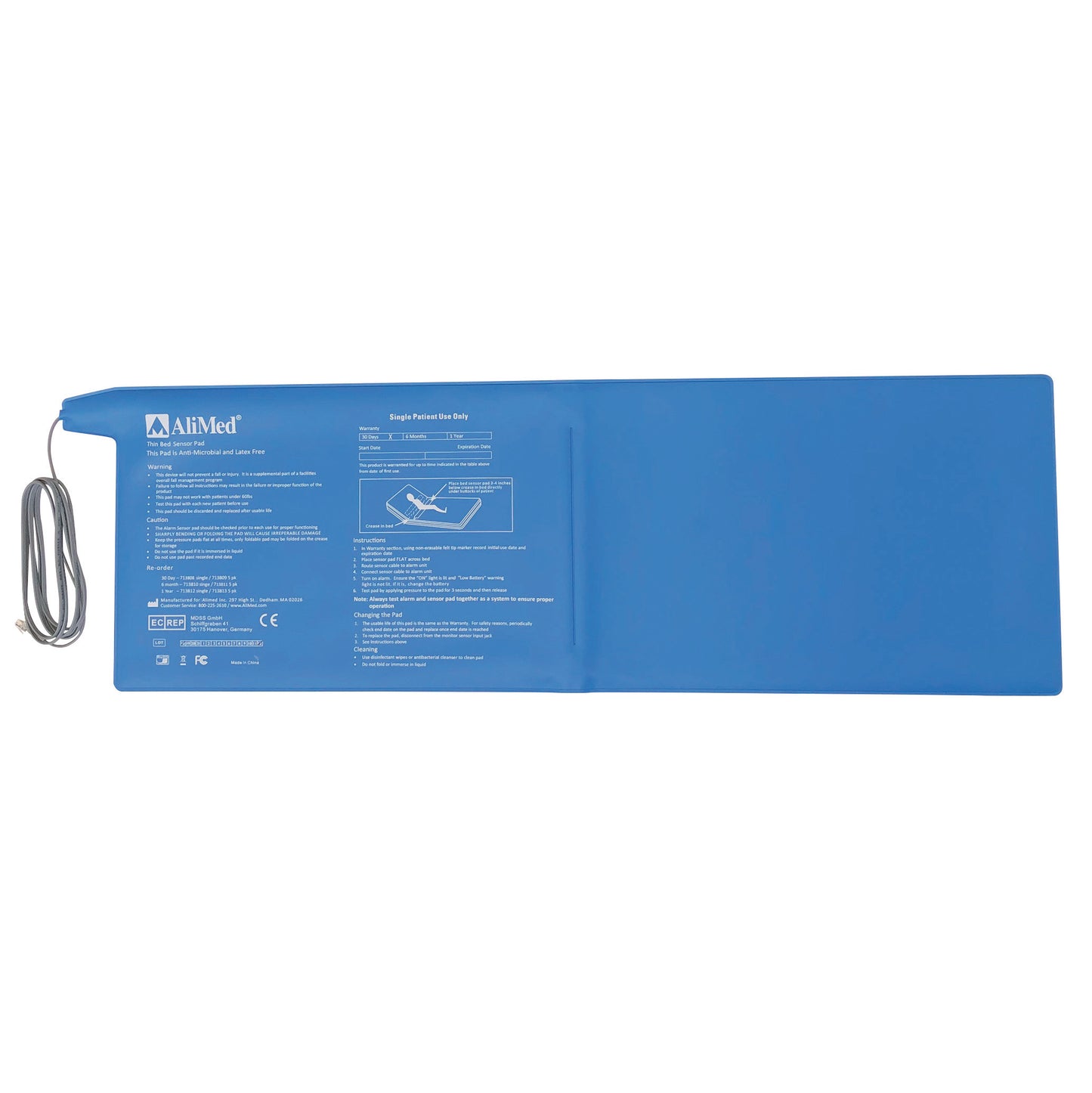 Corded Pressure Sensor Pad, Bed, 10"W x 30"L, 180-Day Warranty