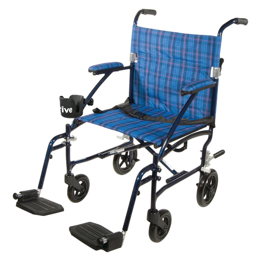 Fly-Lite Transport Chair, 19"W x 15-1/2"D, Blue Plaid w/Blue Frame
