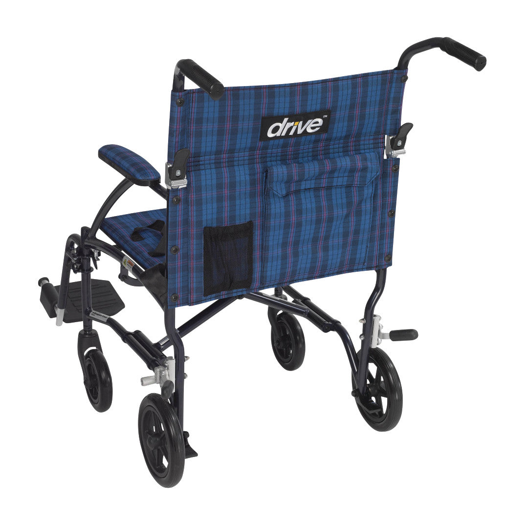 Fly-Lite Transport Chair, 19"W x 15-1/2"D, Blue Plaid w/Blue Frame