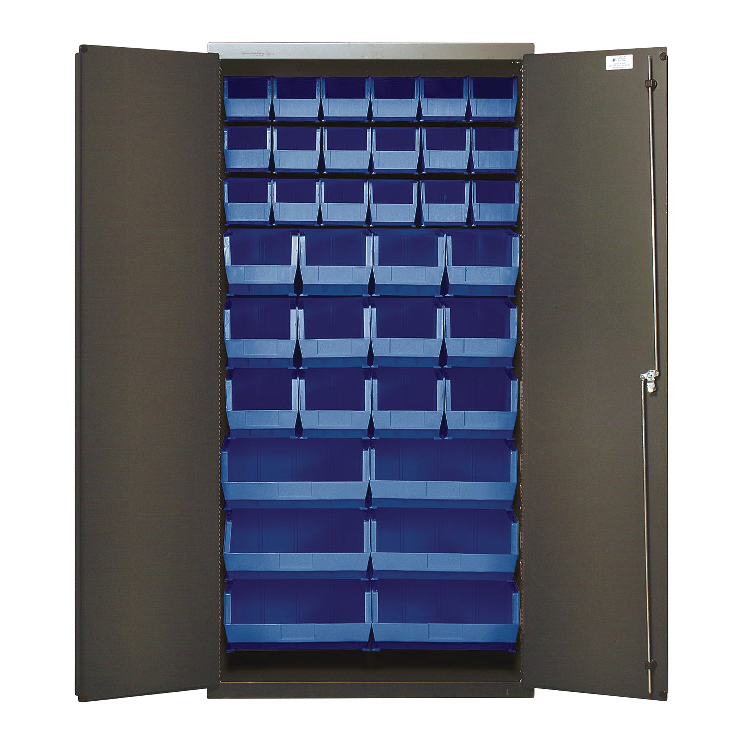 All-Welded Bin Storage Cabinet with Bins, 36"W x 72"H x 18"D, 36 Bins, Blue