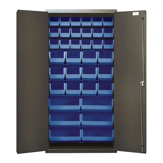 All-Welded Bin Storage Cabinet with Bins, 36"W x 72"H x 18"D, 36 Bins, Blue