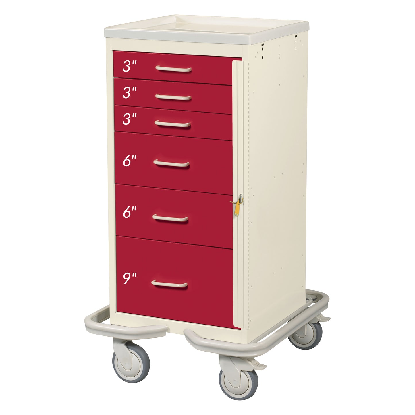 Mini Series 6-Drawer Emergency Tower Cart, Breakaway Lock, Two-Tone Red