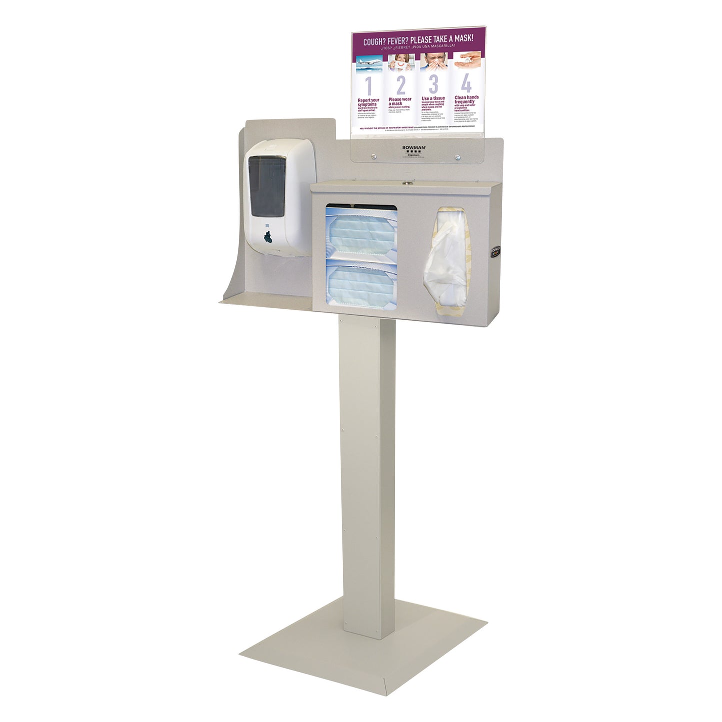 Touchless Hygiene System, Stand, Hand Sanitizer Dispenser Mount, Locking Lid, Horizontal Sign, Beige ABS