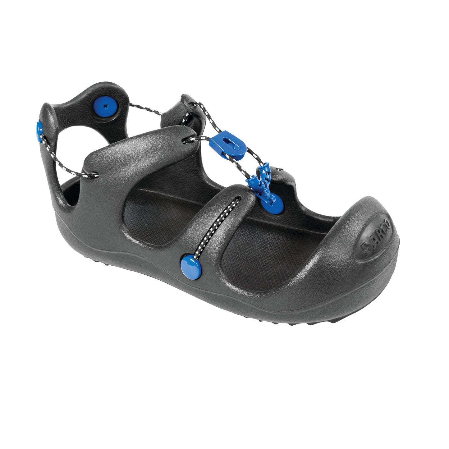 A DARCO Body Armor Cast Shoe in black with blue accents and adjustable bungee cord straps.
