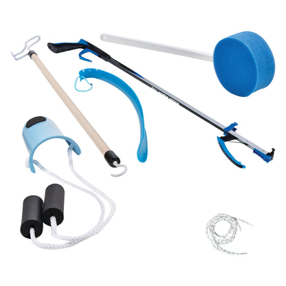 The AliMed Joint Surgery Recovery Kit includes a reacher, long-handle sponge, dressing stick, sock aid, elastic shoelaces, and shoehorn.