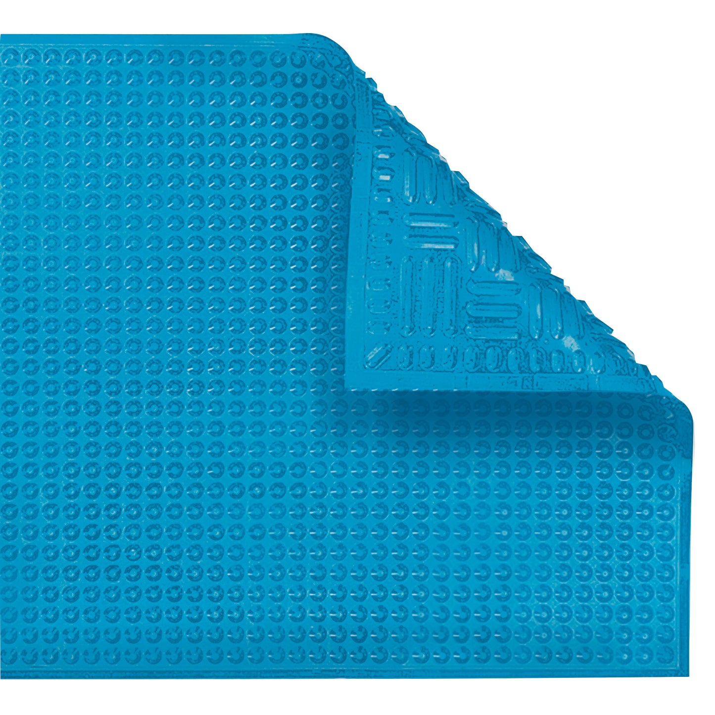 Blue ERGOMAT Hygiene Nitrile Floor Mat with textured surface and corner detail showing underside pattern.