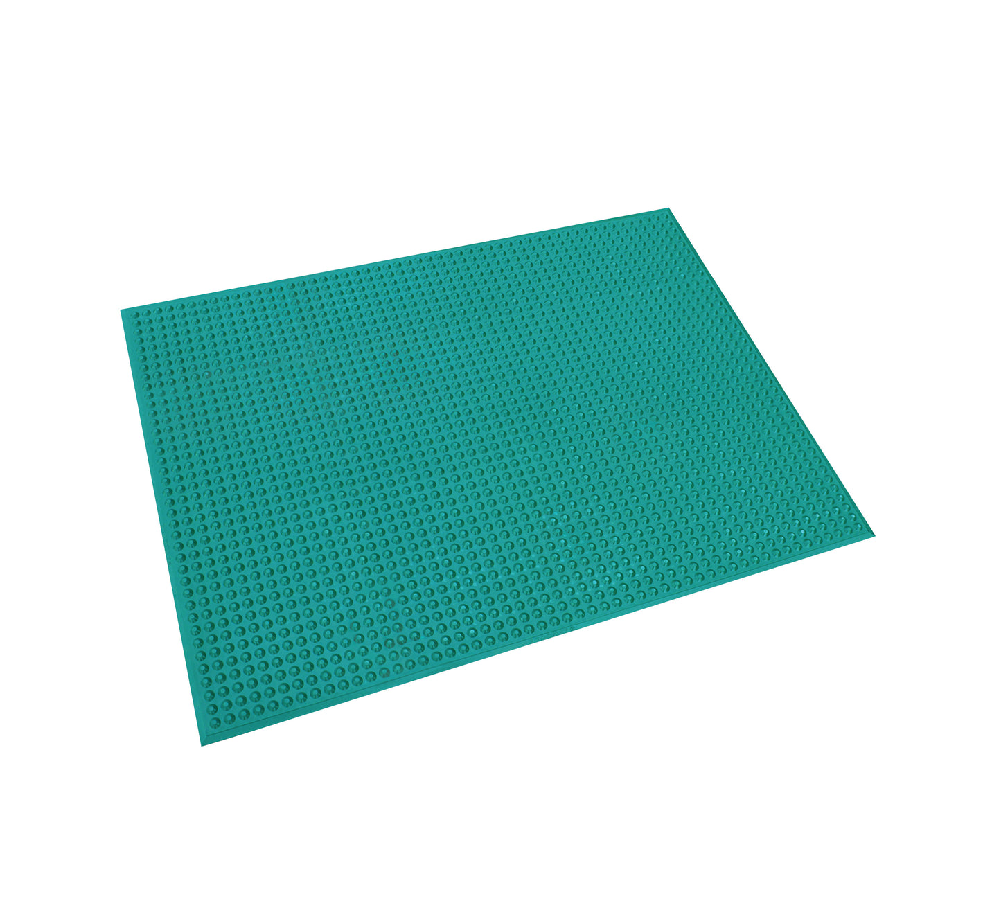 The ERGOMAT Hygiene Nitrile Floor Mat is a teal perforated mat with a textured surface, designed for cleanliness and comfort.