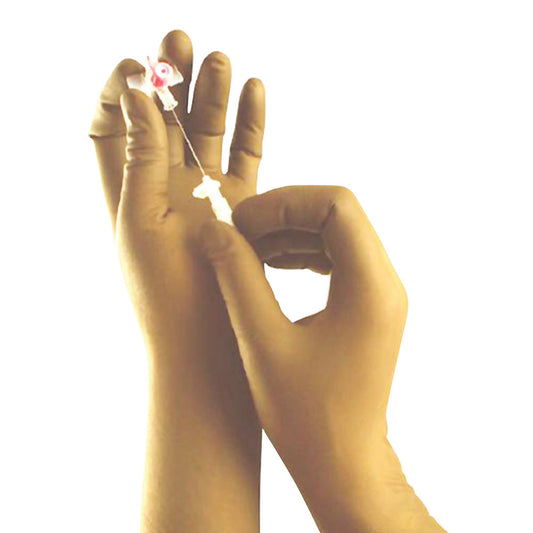 Hands wearing Barrier Technologies Secure Touch XR2 Thin Attenuation Gloves performing a medical procedure with a needle.
