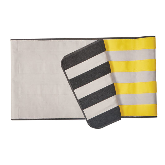 AliMed Radiolucent Abdominal Immobilizer with One Closure features a beige fabric with black and yellow stripes on the edge.