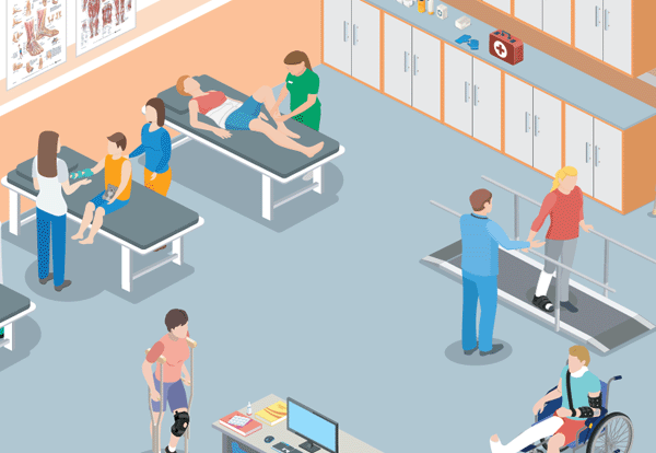 graphic of physical therapists and patients in orthopedic room