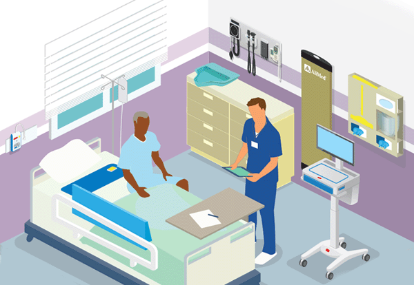 graphic of nurse talking with patient in hospital room