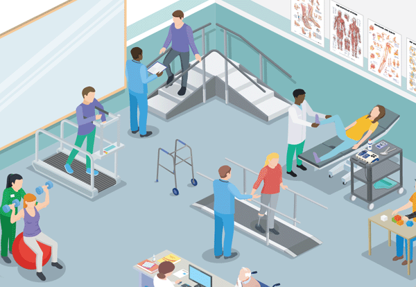 graphic of physical therapists and patients in a rehabilitation room