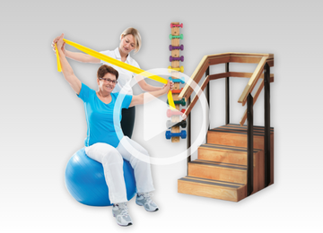 nurse helping patient with exercise band with video icon